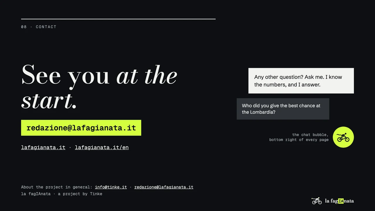 08 · Contact. See you at the start. redazione@lafagianata.it. lafagianata.it · lafagianata.it/en. About the project in general: info@tinke.it · redazione@lafagianata.it. la fagIAnata · a project by Tinke. Any other question? Ask me. I know the numbers, and I answer. Who did you give the best chance at the Lombardia? the chat bubble, bottom right of every page.