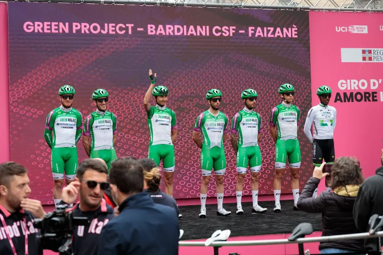 Bardiani CSF riders on the start podium of a stage of the 2023 Giro d'Italia