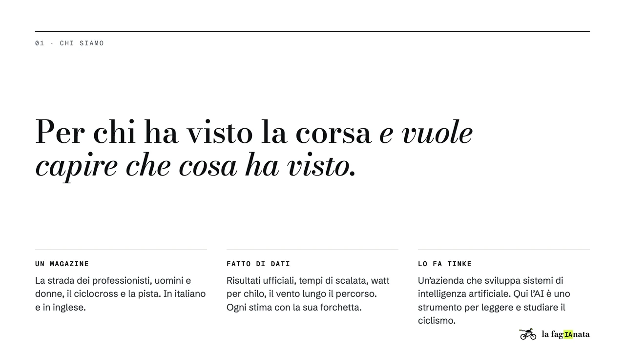 01 · Chi siamo. Per chi ha visto la corsa e vuole capire che cosa ha visto. UN MAGAZINE. La strada dei professionisti, uomini e donne, il ciclocross e la pista. In italiano e in inglese. FATTO DI DATI. Risultati ufficiali, tempi di scalata, watt per chilo, il vento lungo il percorso. Ogni stima con la sua forchetta. LO FA TINKE. Un’azienda che sviluppa sistemi di intelligenza artificiale. Qui l’AI è uno strumento per leggere e studiare il ciclismo.