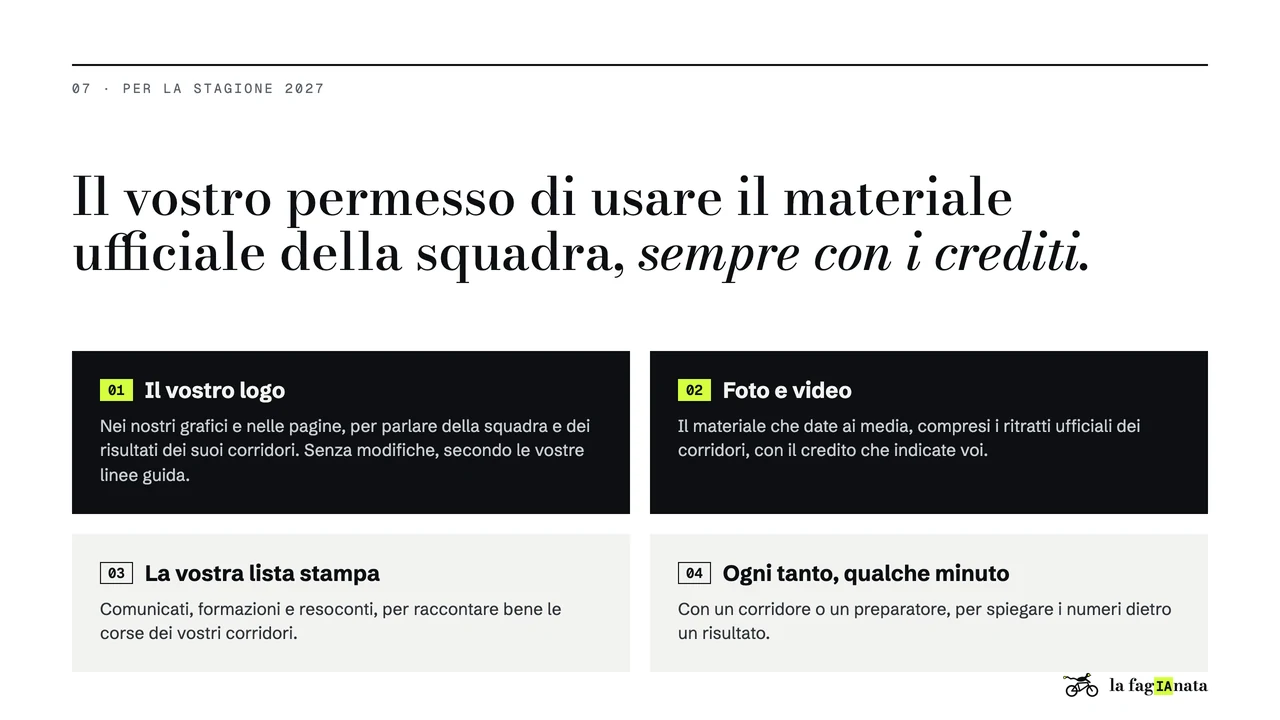 07 · Per la stagione 2027. Il vostro permesso di usare il materiale ufficiale della squadra, sempre con i crediti. 01 Il vostro logo. Nei nostri grafici e nelle pagine, per parlare della squadra e dei risultati dei suoi corridori. Senza modifiche, secondo le vostre linee guida. 02 Foto e video. Il materiale che date ai media, compresi i ritratti ufficiali dei corridori, con il credito che indicate voi. 03 La vostra lista stampa. Comunicati, formazioni e resoconti, per raccontare bene le corse dei vostri corridori. 04 Ogni tanto, qualche minuto. Con un corridore o un preparatore, per spiegare i numeri dietro un risultato.